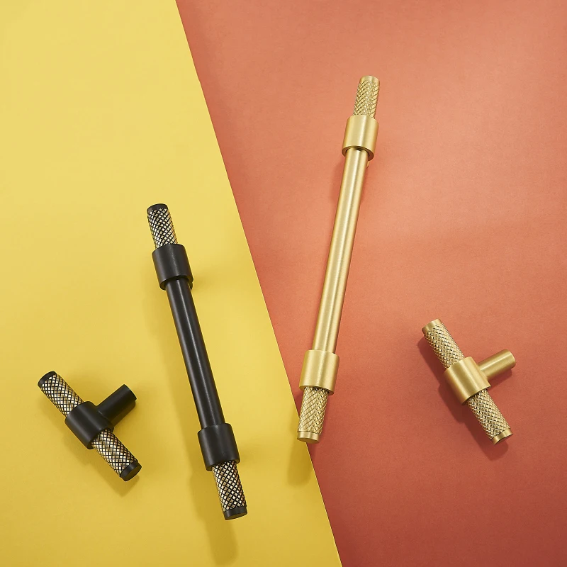 Brass Furniture Handles T-bar Black Gold Knurled Textured Modern Italy Wardrobe Dresser Cupboard Cabinet Drawer Pulls