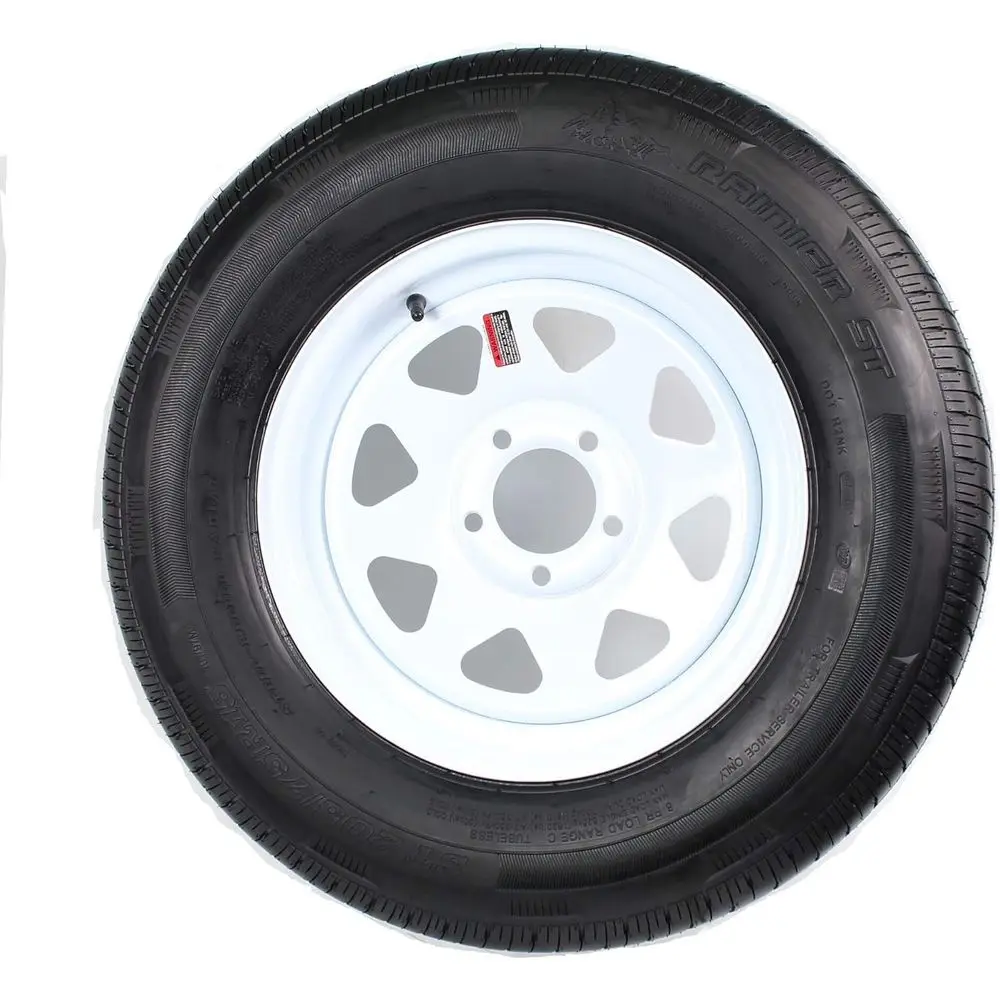 

Radial Trailer Tire On White Spoke Wheel Rim ST205/75R15 Load Range C 5 Lug - 6 Year w/ree Roade
