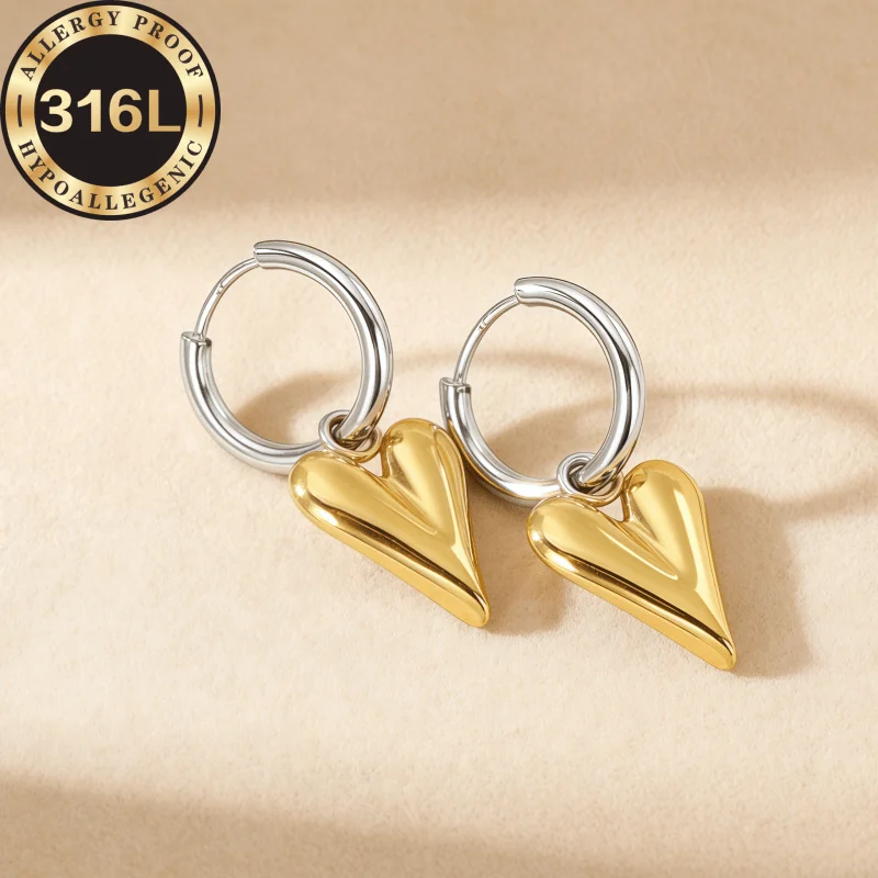Minimalist high-end anti-allergic stainless steel, pointed peach heart two-color earrings, anti-fading, comfortable and