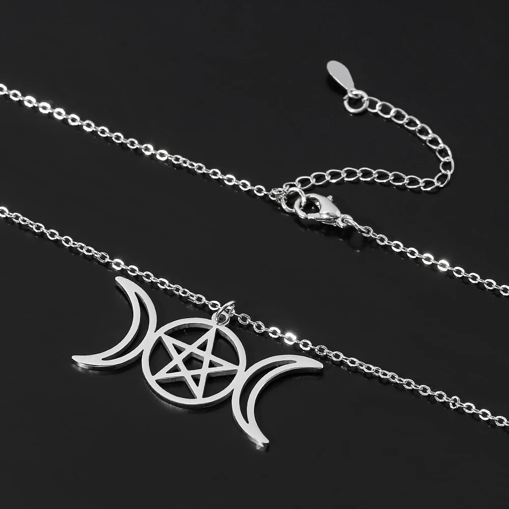 Stainless steel Triple Moon Goddess Pendant Necklaces For Men Women Wicca Pentagram Magic Supernatural Amulet Necklace