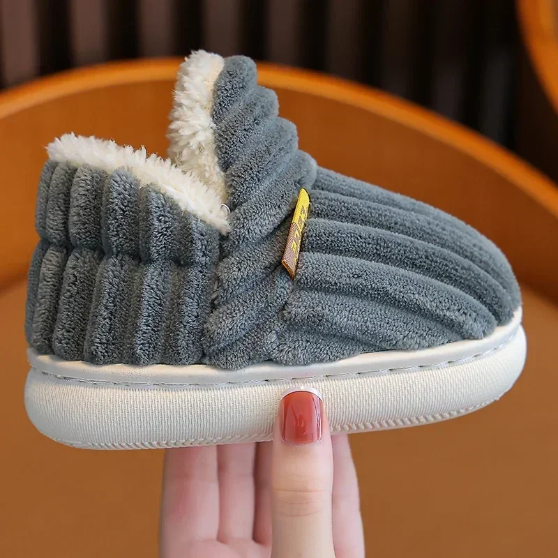 Neue Winter-Streifen-Plüsch-Hausschuhe für Kinder, rutschfeste, weiche Sohle, für Jungen und Mädchen, mit Absatzumwicklung, warme Baumwoll-Hausschuhe für zu Hause – Detail 7