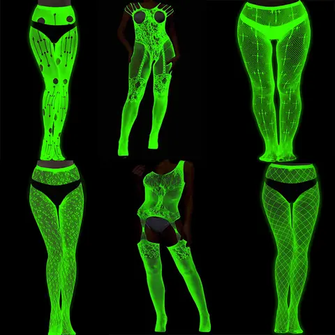 Karanlıkta Parlayan Yeşil İç Çamaşırı Kadın Seksi Erotik İç Giyim Çorap Porno Kostümleri Bodystocking Bobysuit Külotlu Çorap