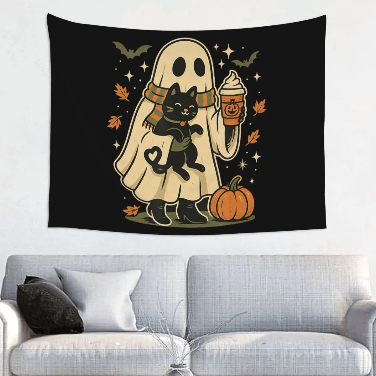 Ghost Black Cat Tapestry Wall Hanging Hippie Tapestry Fall Pumpkin Coffee Halloween Fantasy Wall Blanket Dorm Decor 95x73cm