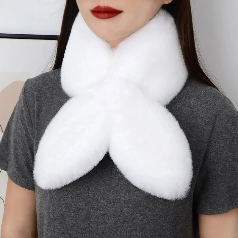 Fashion WomenWinter Thick Faux Rabbit  Fur Plush Scarf Outdoor Sports Neck Protection Cross Fake Collar Pullover Warm Scarve Q72