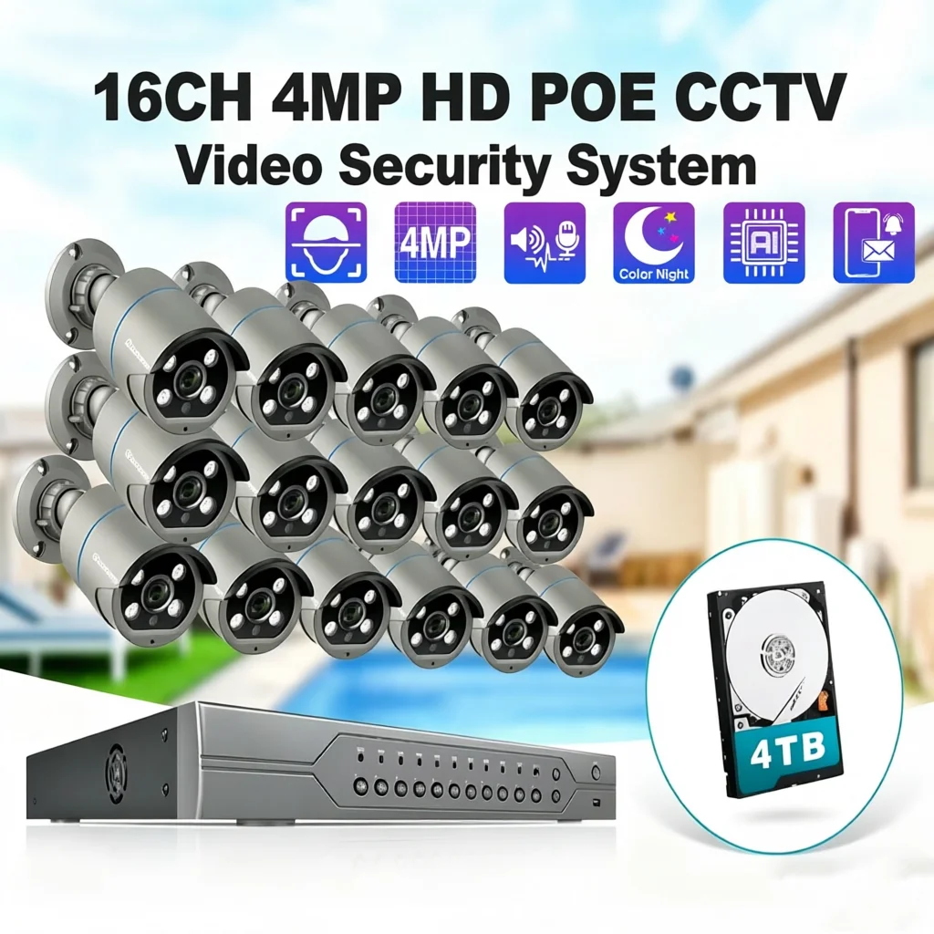 Techage 16CH 4MP PoE CCTV Security Camera System Color Night Vision NVR Kit 2-way Audio Video H.265 Surveillance Xmeye ICSEE