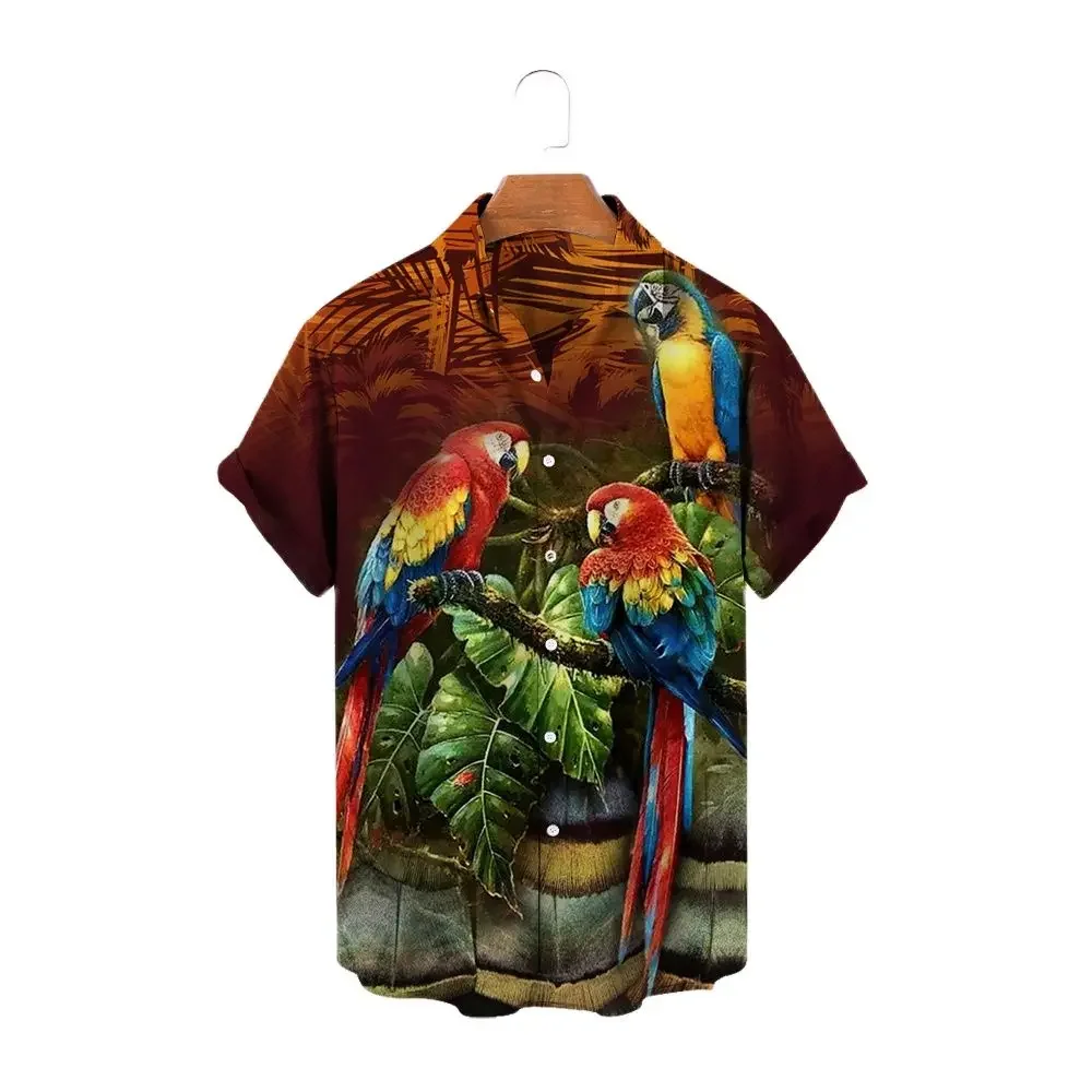 2024 Summer Parrot 3D Printed Men's Shirt Forest Series Fashion Short Sleeve Hawaiian Men's Clothing Loose Oversized Top Clothin