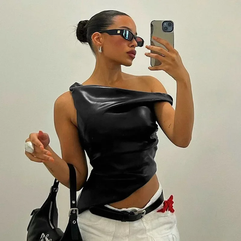 Black Leather Tops Women Fashion One Shoulder Ruched Bodycon Crop Top Summer Sexy Sleeveless Night Club Party Tees 2024 Black