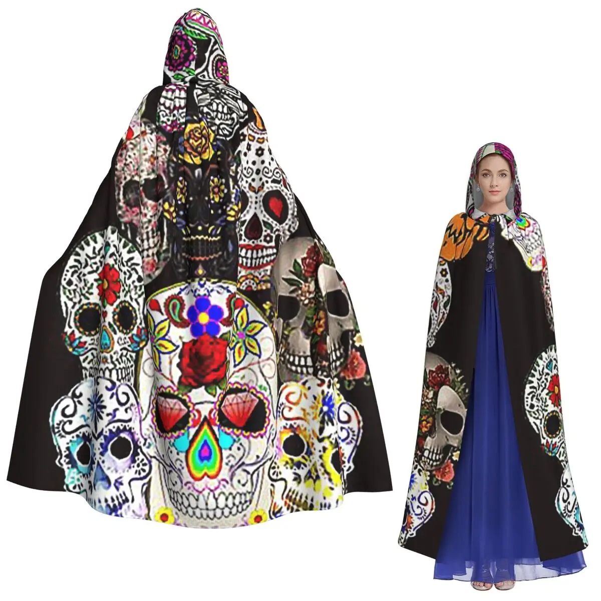 

День мертвых искусство мексиканский сахарный череп длинный плащ с капюшоном ведьма средневековый костюм косплей накидка Хэллоуин вечеринка для взрослых унисекс
