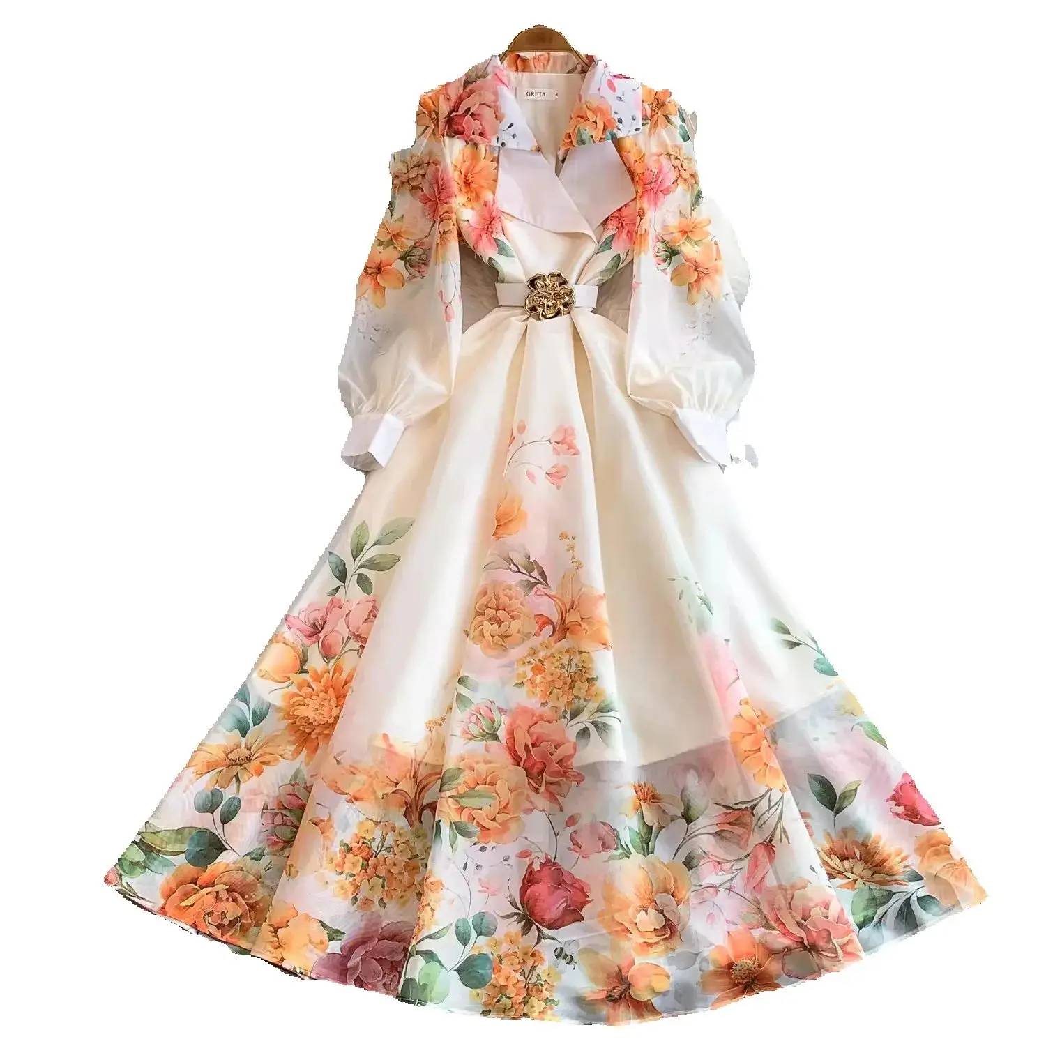 Elegante bloemenprint bandagejurk voor dames, met V-hals, lange lantaarnmouwen, tailleband en maxi-lengte, geschikt voor feestdagen. - afbeelding 2