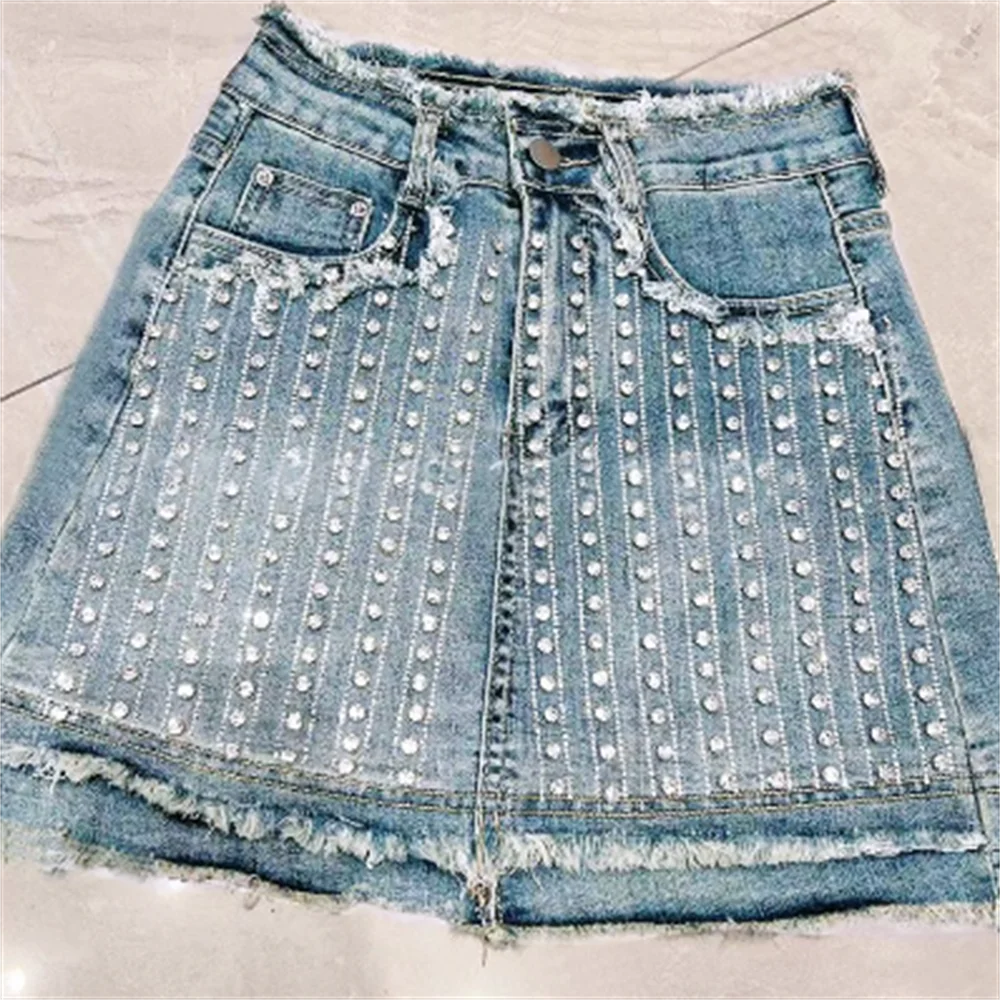 

Denim skirt women drill high waist A line skirt short jeans