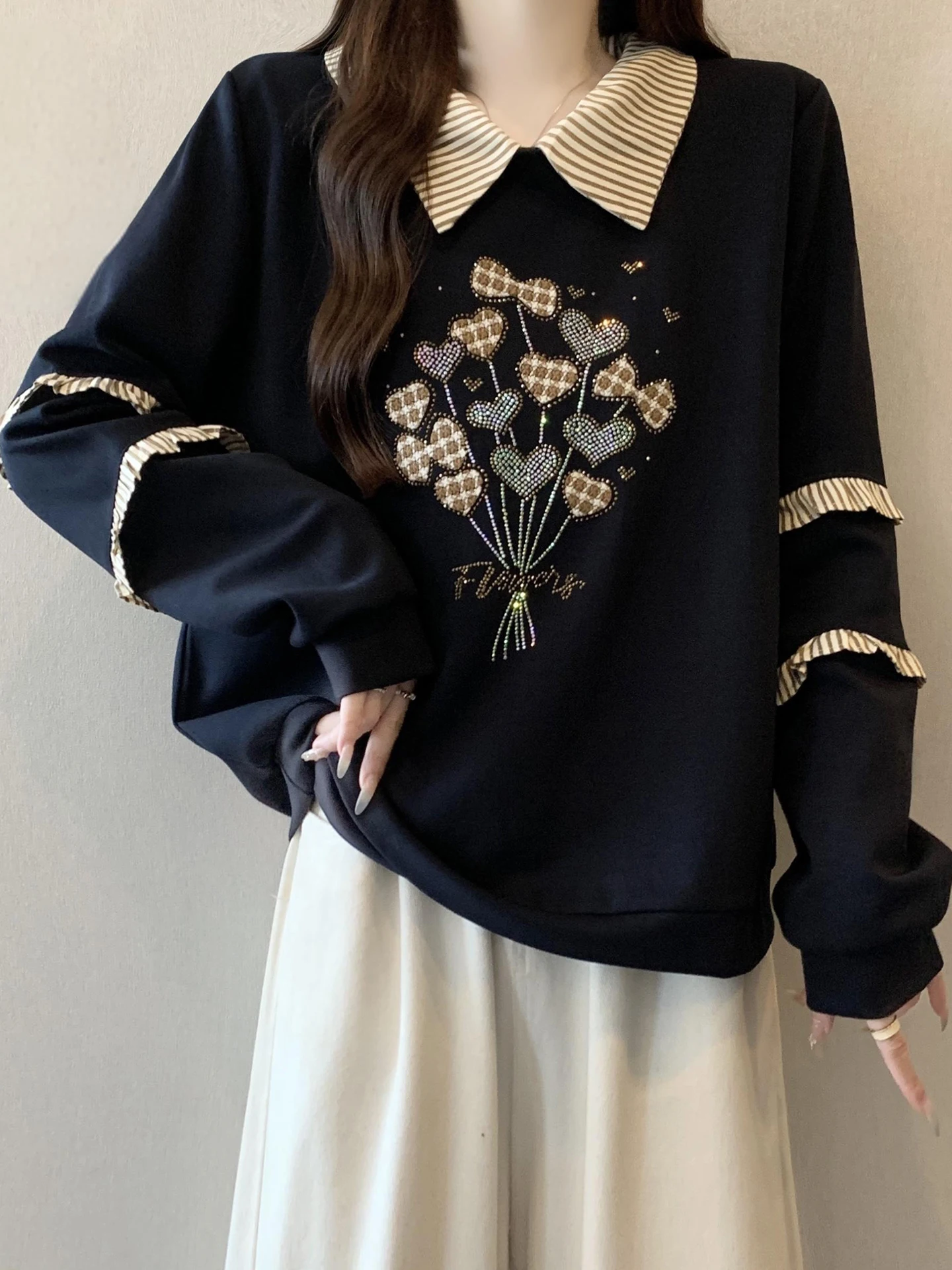 

Slimming Splice Ne Sweatirt Women's Fake Two-Piece Spring 2026 plus Size Conceal Meat Anti-Aging Top Korean Sle