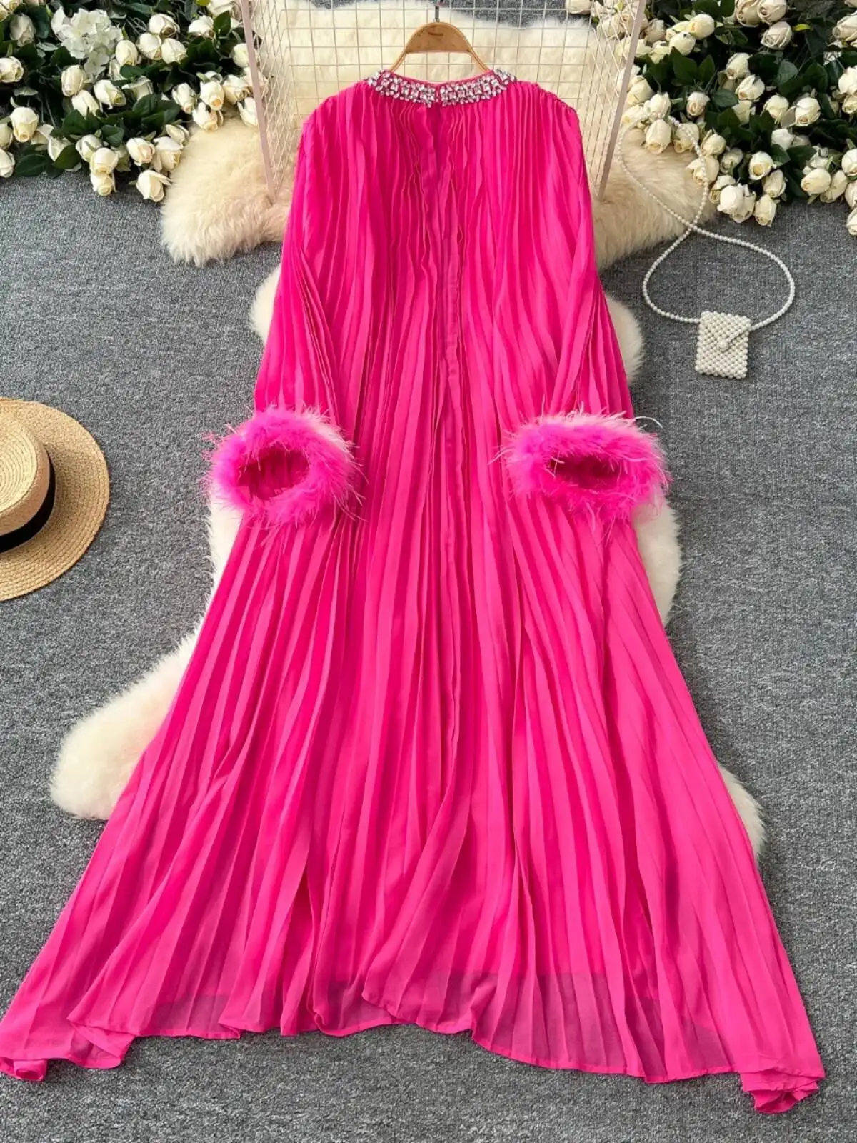 

BabYoung Элегантный элитный корейский женский халат 202, весенний новый Dias с тяжелым круглым вырезом Mujer, свободное меховое плиссированное бальное платье