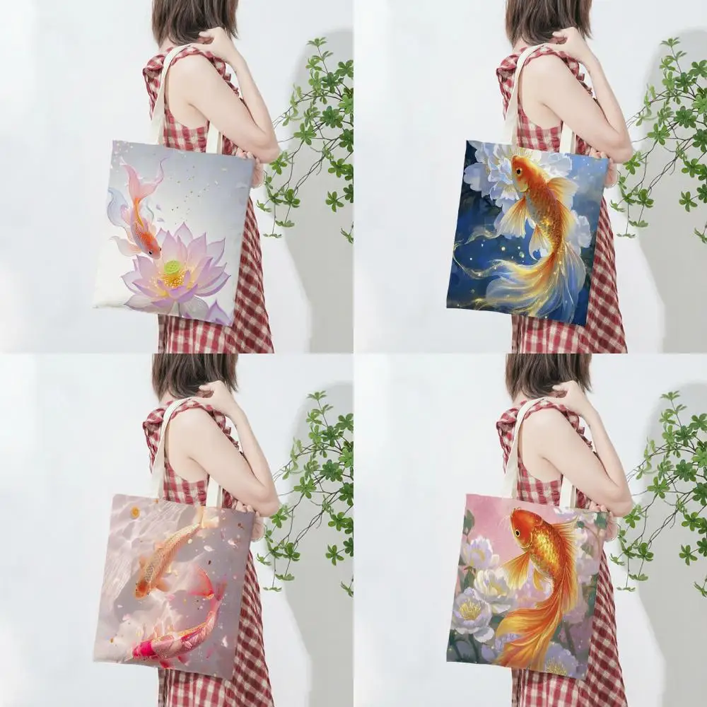 Vibrant A-Auspicious Koi Carlotus Flowers Storage Bags Lightweight Printed Canvas Bag Portable Daily Shopping Shoulder Bag
