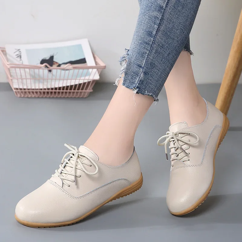 Women Hollow Out Oxford Shoes Girls Ballerina Trainers Soft Sole Flats Genuine Leather Moccasins Lace Up Loafers Summer Sandals