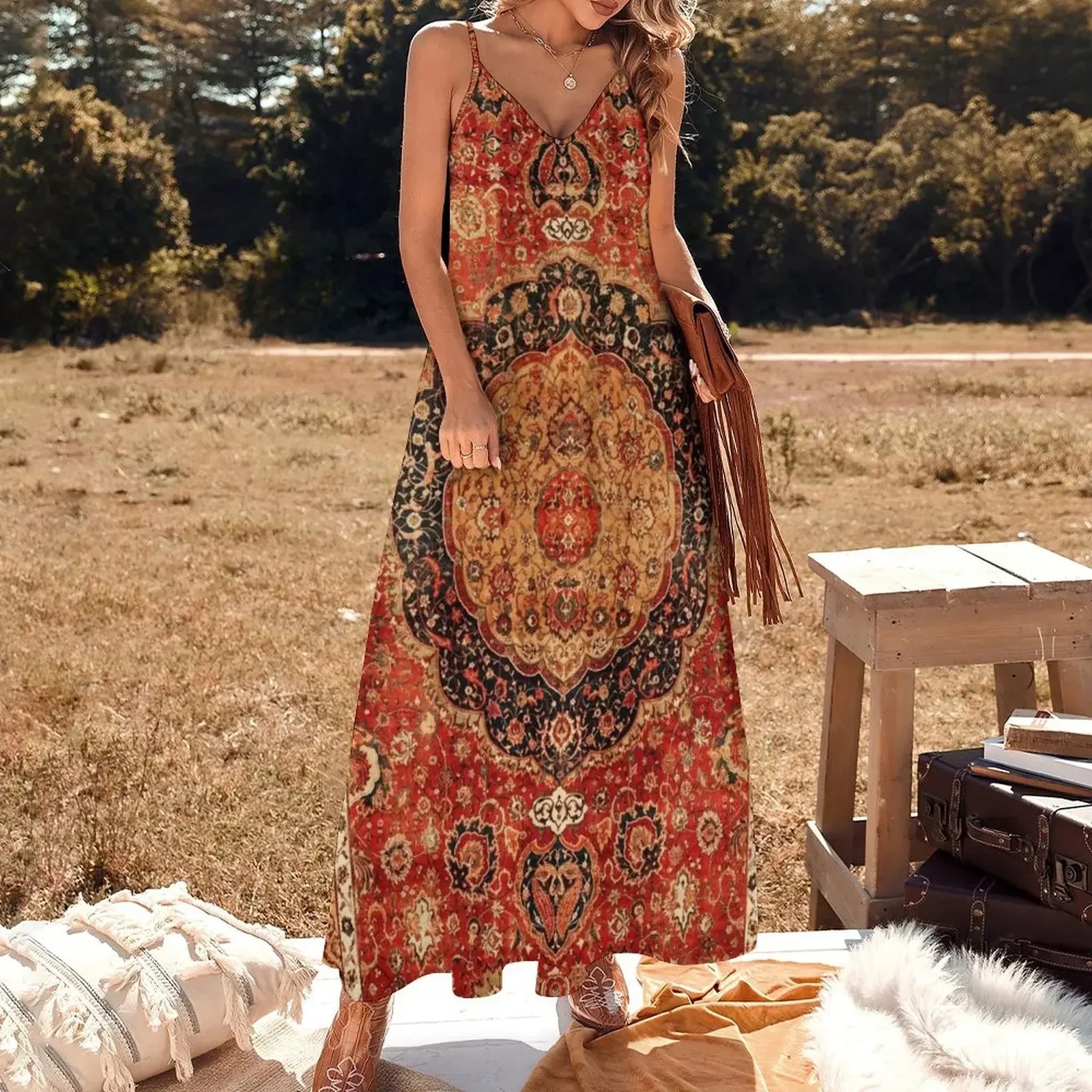 Seley Antique Persian Rug Print Sleeveless Dress Woman clothing evening dress womens dress