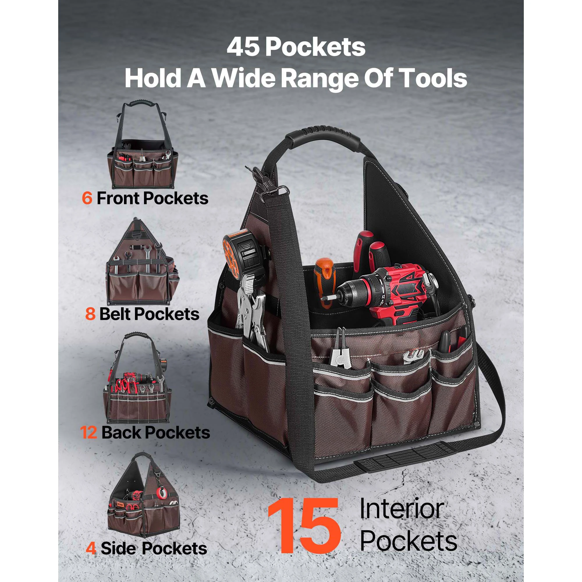 SucceBuy 13in Tool Bag 45-Pocket Open Top Tool Tote with Adjustable Shoulder Strap Electrical Portable Toolbox for Jobsite Use