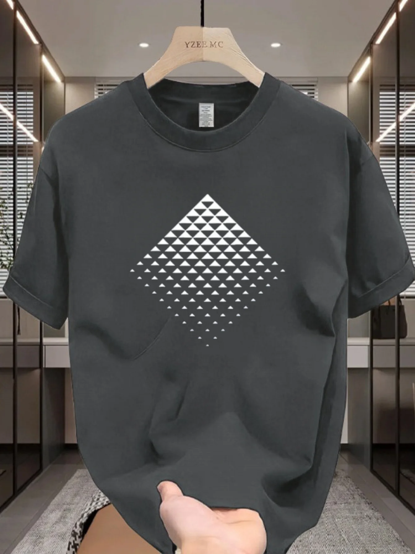 Summer 100% Pure Cotton Men's Casual Loose Fashion Diamond Pattern Printed Comfortable Sports Short Sleeved Round Neck T-Shirt