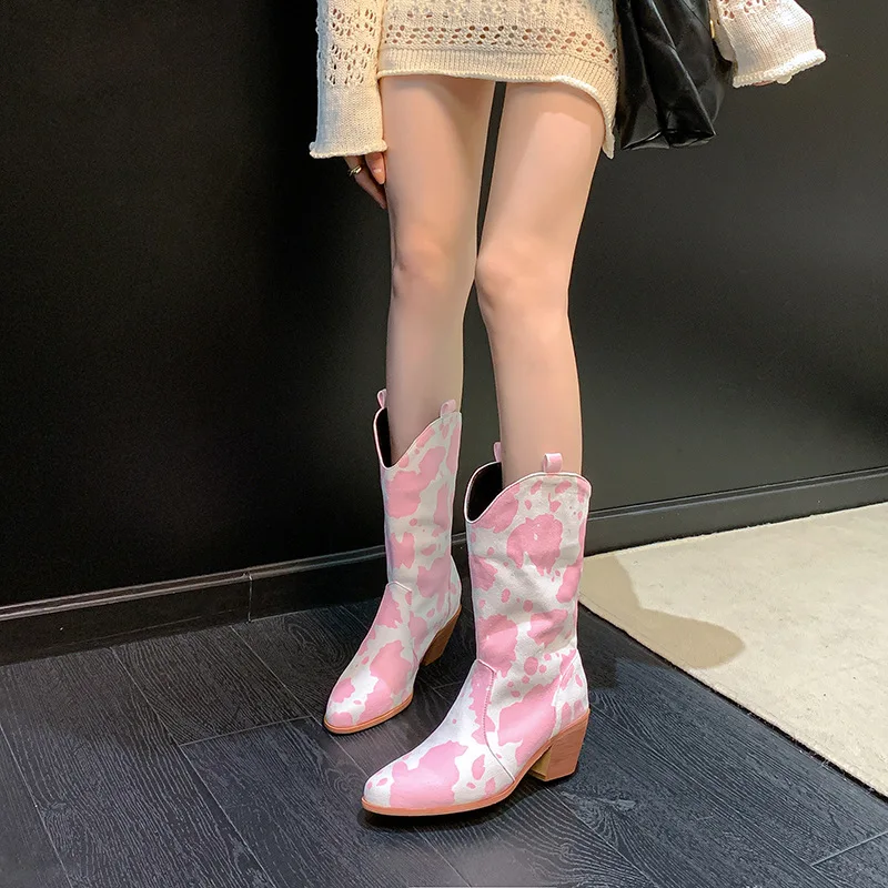 Western-Cowgirl-Stiefel mit Kuhmuster für Damen, Retro-Spitze, Blockabsatz, Halbhohe Stiefel für Party, Konzert, Alltag und Freizeitkleidung – Detail 16