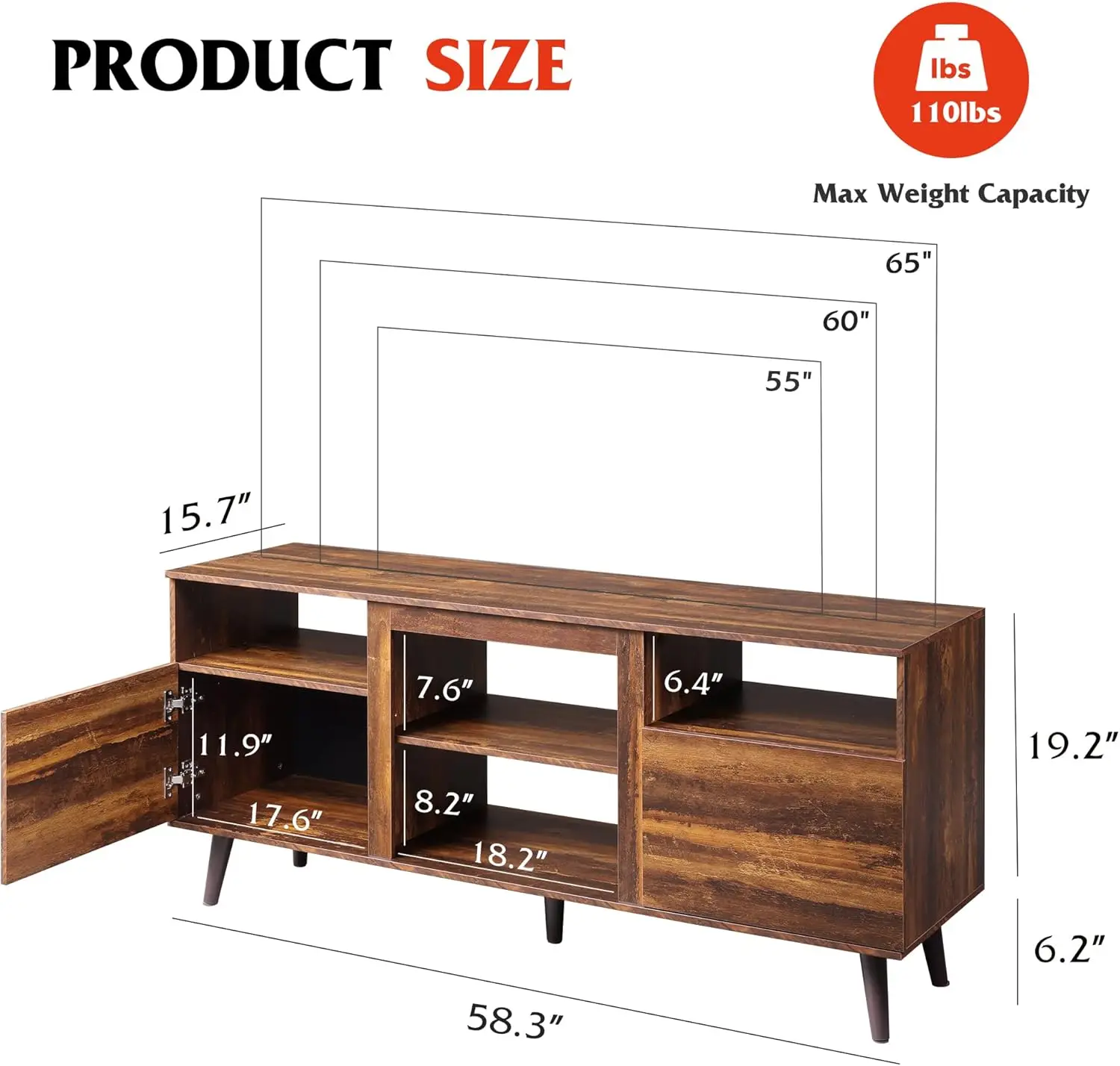 Support TV pour télévision 65 pouces, centre de divertissement 58 pouces avec 2 armoires de rangement, console multimédia pour salon, chambre et bureau