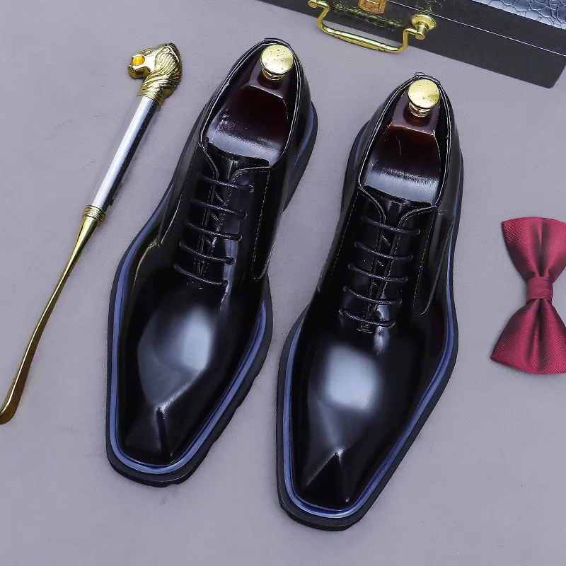 Glossy Patent Finish Plain Toe Oxfords 3.5Cm Chunky Lug Sole Height Increase Genuine Leather Upper Lace Up Mens Dress Footwear