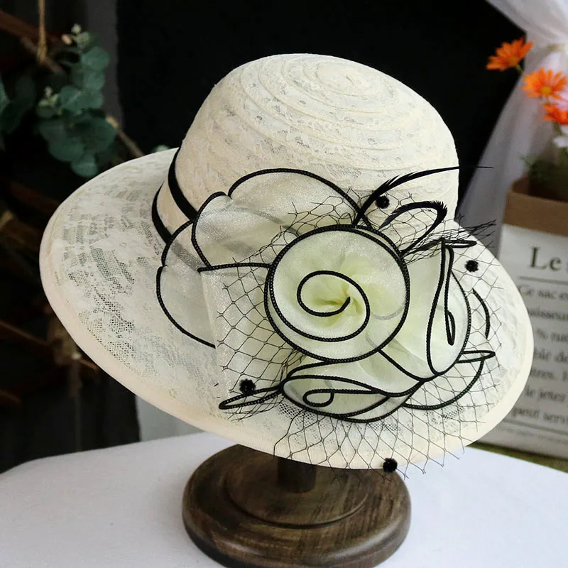 2024 New Fashion Elegant Breathable lace flower Church Hat For Women Foldable Wedding Party Hat Summer Beach Protection Sun Cap