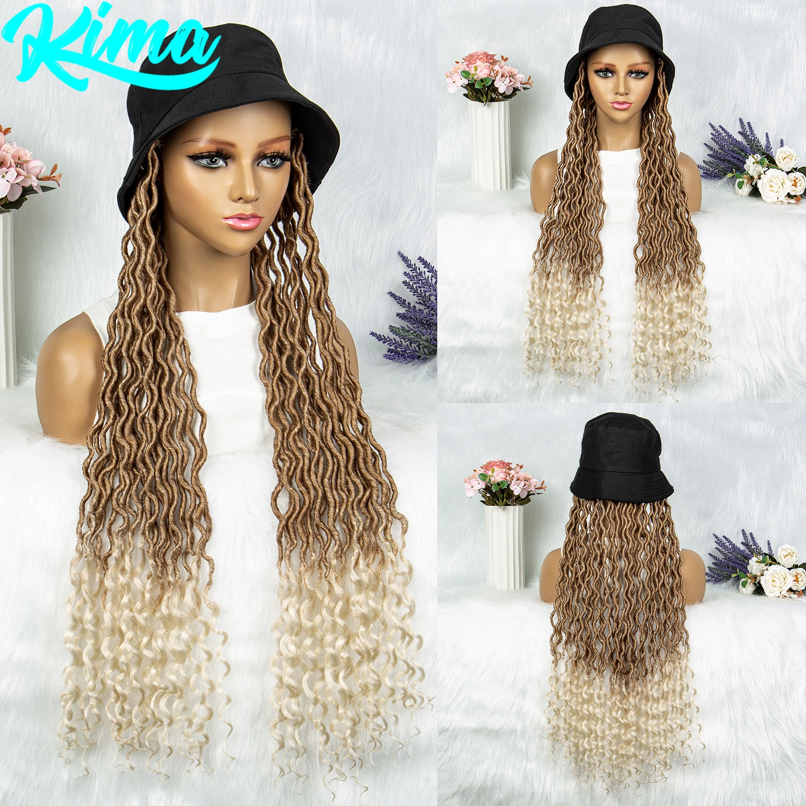 30 Inch Synthetic Water Wave Extension with Cap Machine Made Ombre Water Wave Fiber Braids Hair Extension Cap Wavy Braids Wigs