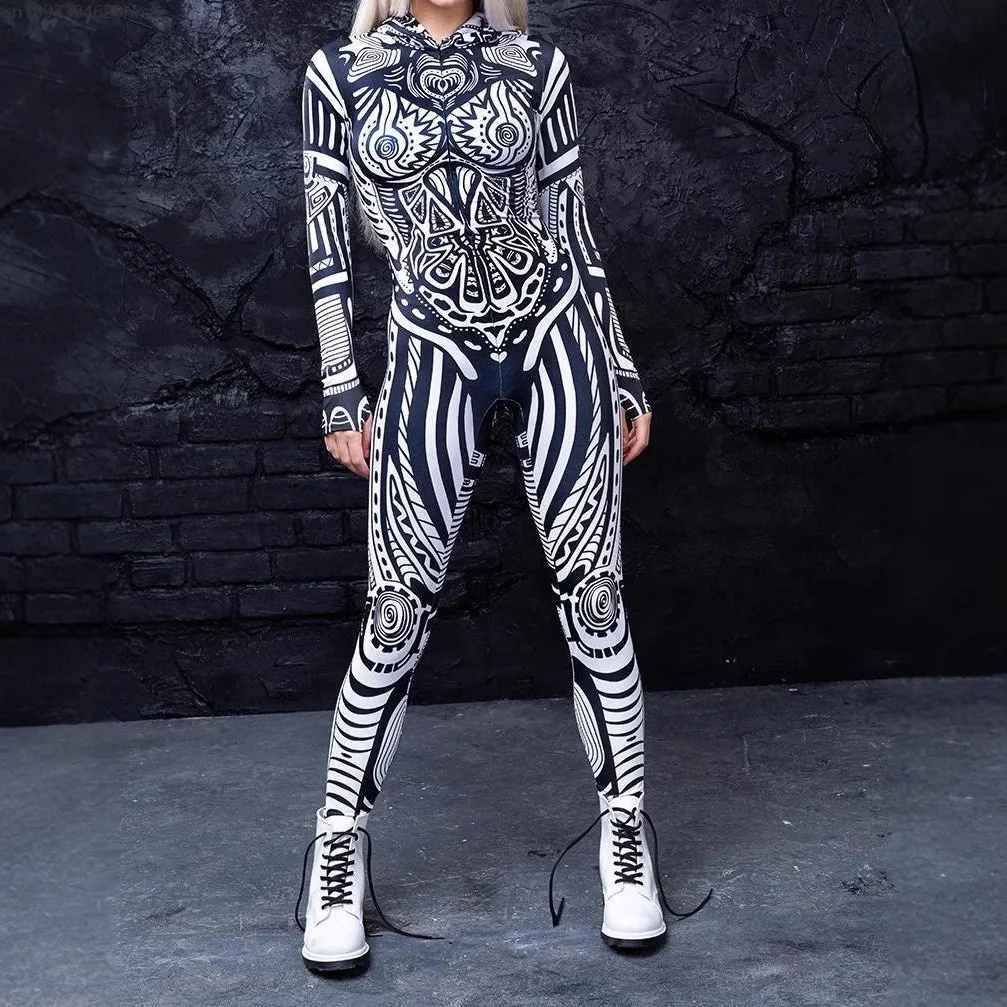 

Women Black White Line CyberPunk Gothic Bodysuit With Hooded Cosplay Costume Halloween Carnival Party Performance Jumpsuit Zenta