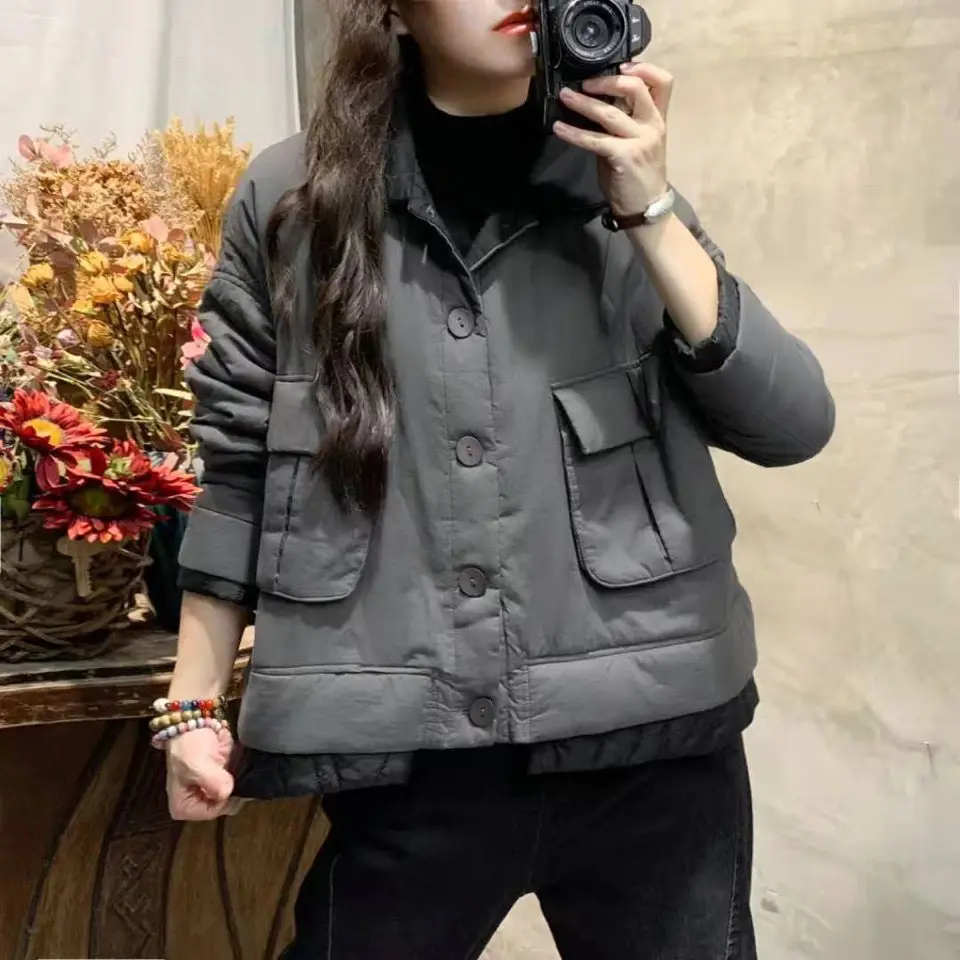 Original Korean Version of Personalized Contrasting Color Patchwork Workwear Thick Cotton Jacket with Loose Pockets Casual