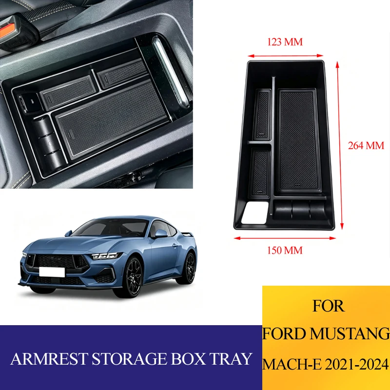 Car Armrest Storage Box Tray For Ford Mustang Mach-E 2021-2024 Center Console Insert Organizer Case Anti-slip Accessories