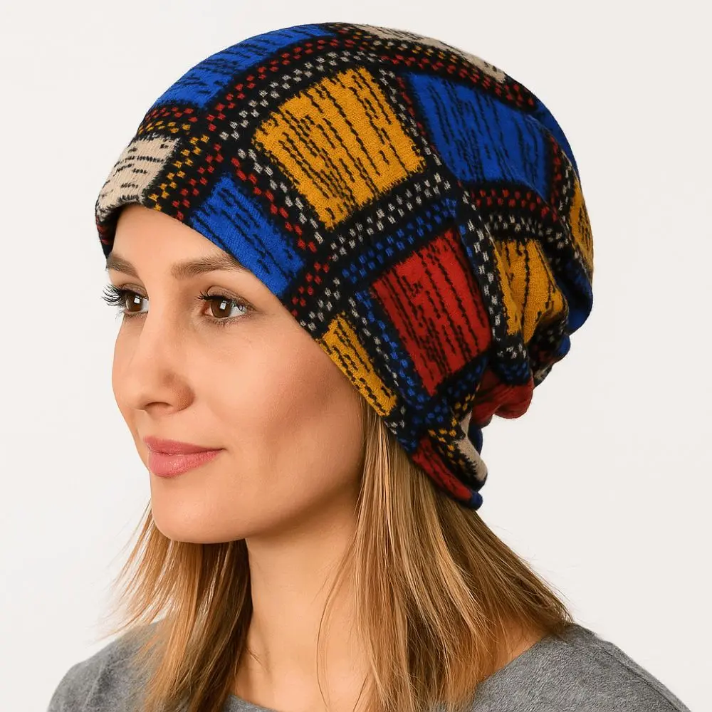 Kontrastfarben Pullover Hut Plaid Print Multifunktionale Turban Hüte Schal Pullover Hut Lässige Hedging Cap Herbst und Winter