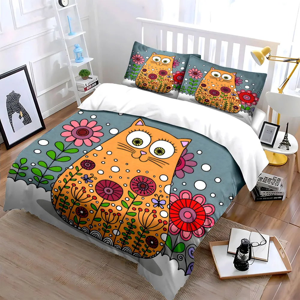 Cartoon cat with floral patterns Printed Duvet Cover Set 1 Duvet Cover+2 Pillowcase Multi Size Bedroom Bedding Decor