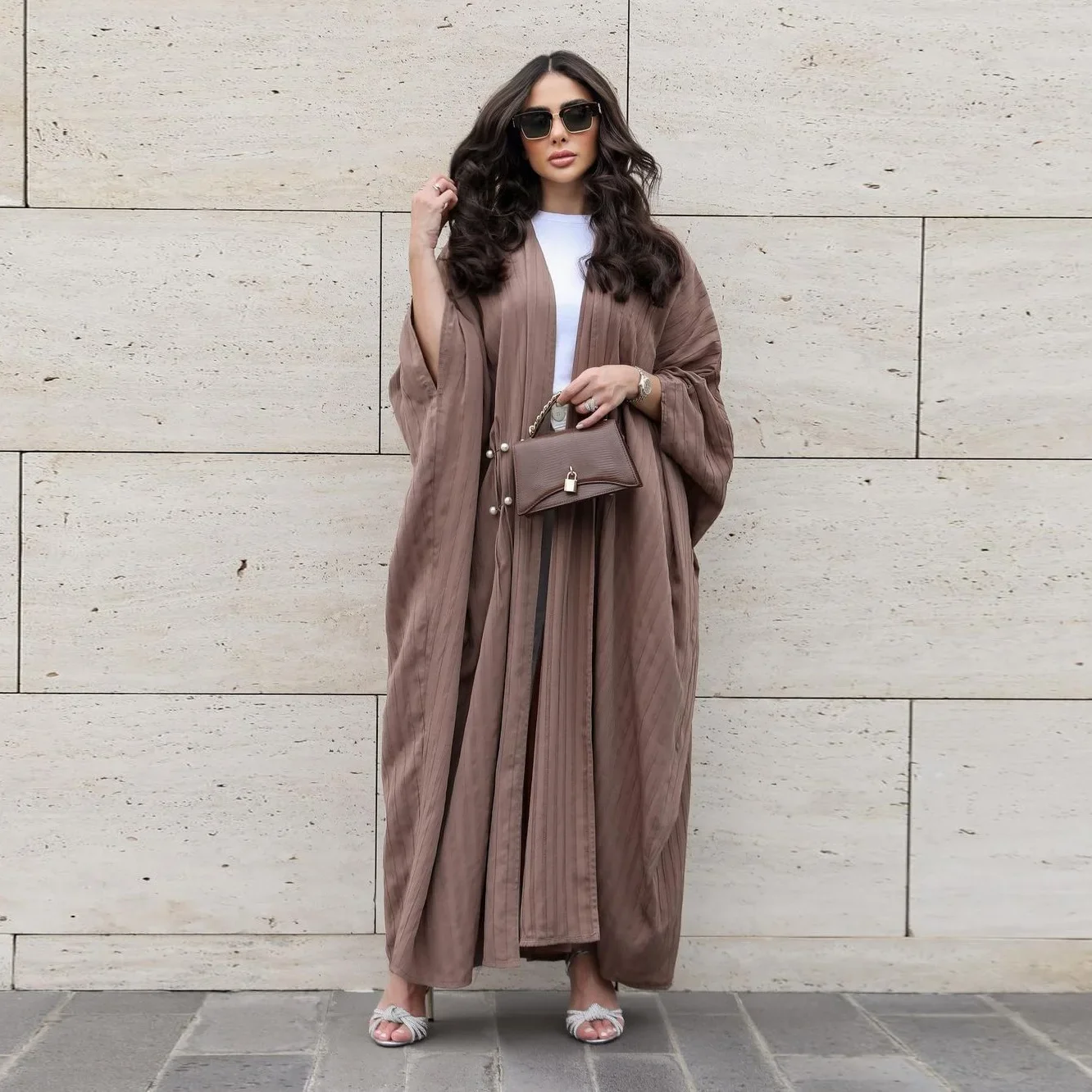 

Striped Casual Long Loose Abaya Muslim Women's Fashion Turkey Cardigan Robe Solid Color Pearl Beading