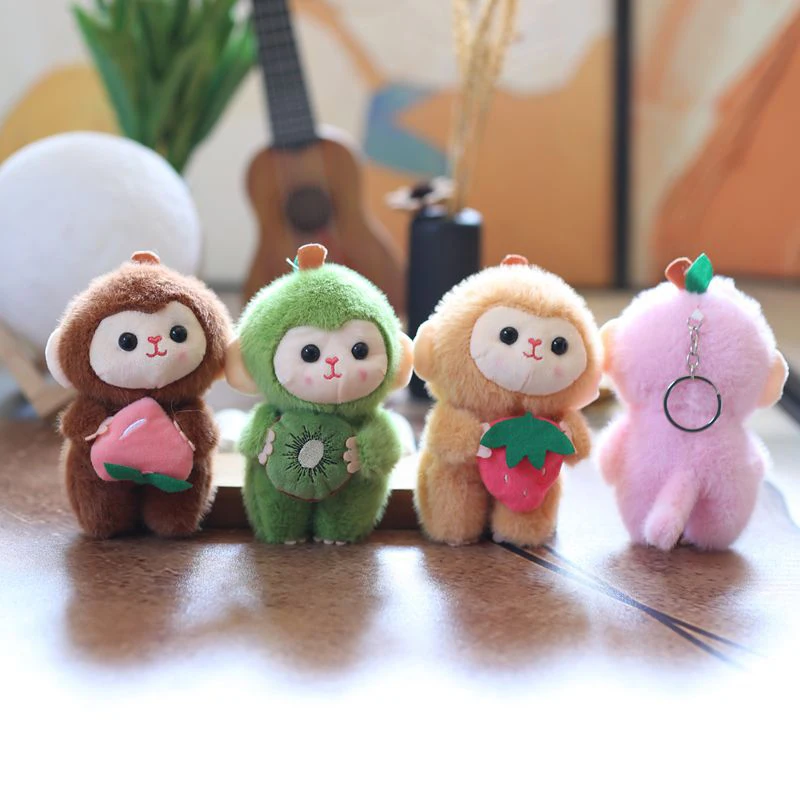 Porte-clés en peluche singe aux fruits de dessin animé, 1 pièce, poupée Animal en peluche, joli pendentif pour sac à dos, porte-clés de voiture, décoration cadeau