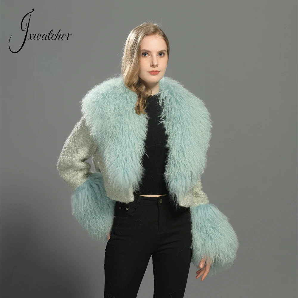 Jxwatcher Wełniany płaszcz dla kobiet Prawdziwe mongolskie futro Kołnierz Mankiety Zimowa moda Jednolity kolor Tweed Przycięta kurtka Jesień Nowość