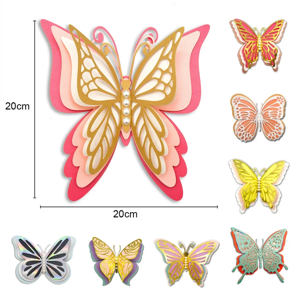 1Pcs 3D Butterfly Stickers 20/28cm Large Size Four Layers Hollow Gold Simulated Butterfly Sticker for Balloon Party Wall Decor