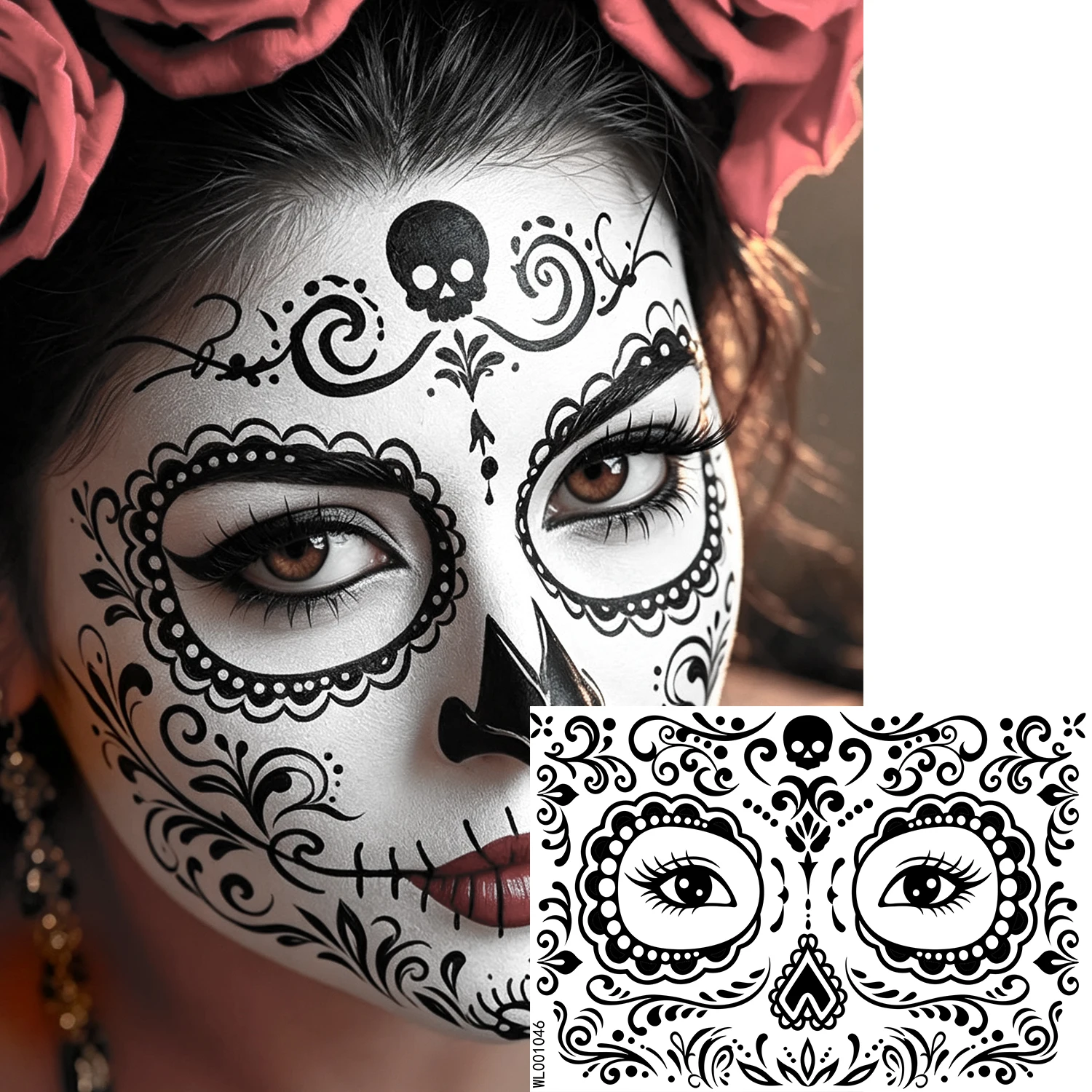 12 Stück gruselige temporäre Halloween-Gesichtstattoos mit schwarzem Muster für den Tag der Toten, Halloween-Make-up – Detail 7