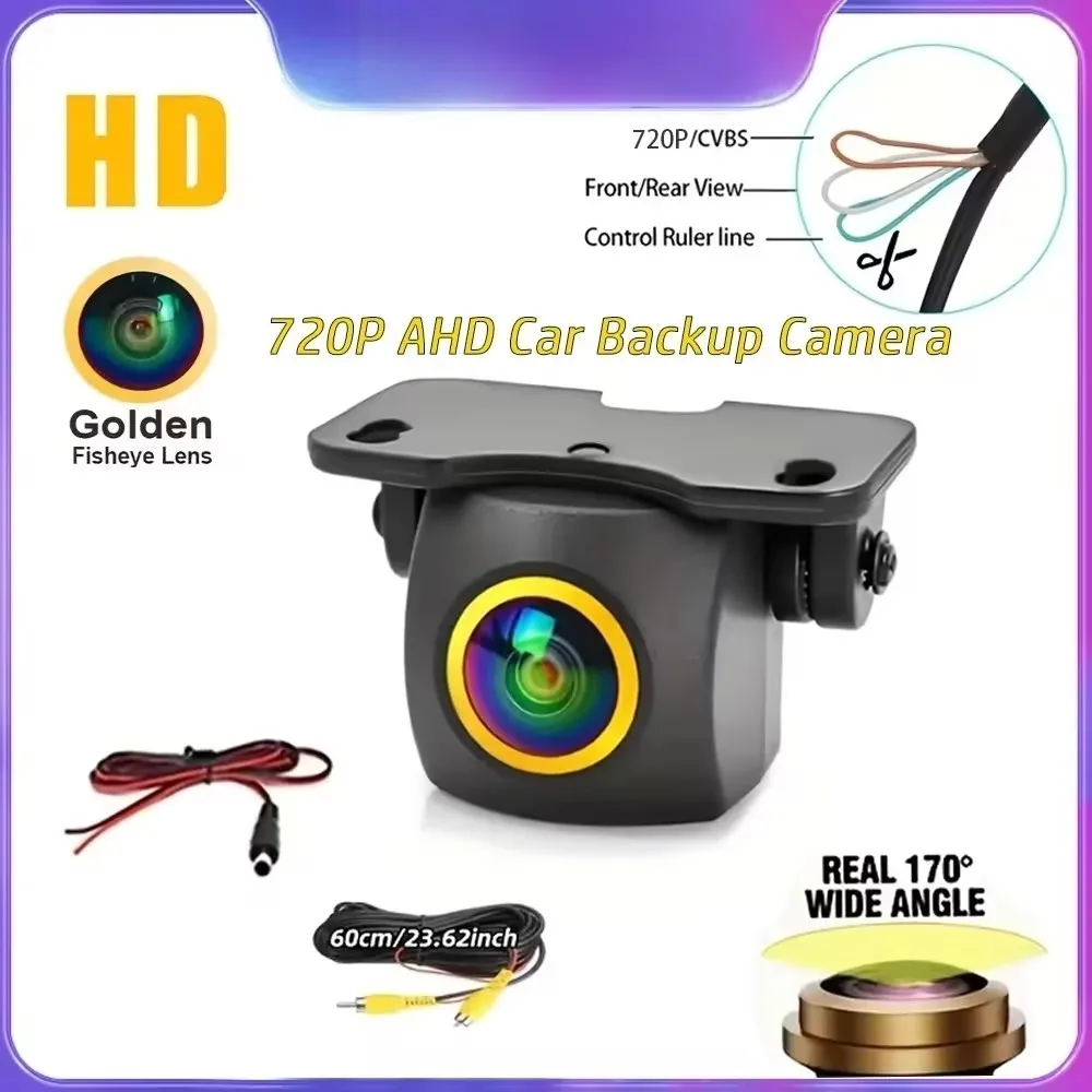 720P AHD Car Backup Camera with Wide-Angle Fisheye Lens-Night Vision, Front/Rear/Side Monitoring, Easy Installation