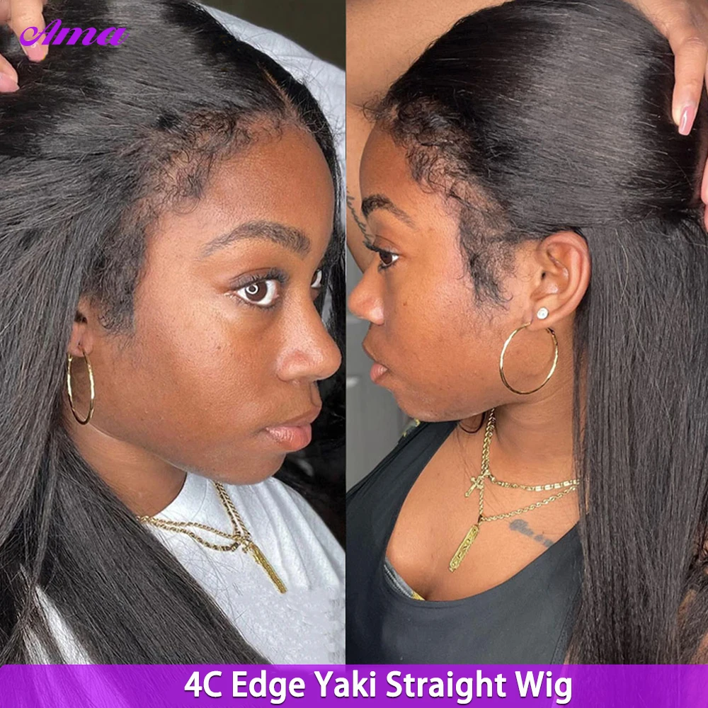 

4C Edges Lace Wig 30 32 Inch Yaki Human Hair Wig 13x6 Lace Frontal Wig 250 Density Kinky Straight Human Hair Wig For Women