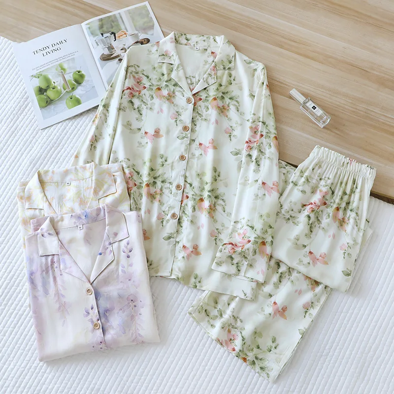 High Quality Women's Pajama Set Gongsatin 2025 Spring/Summer Women's Pajama Silk 100% Viscose Fiber Silk Smooth Home 2-Piece