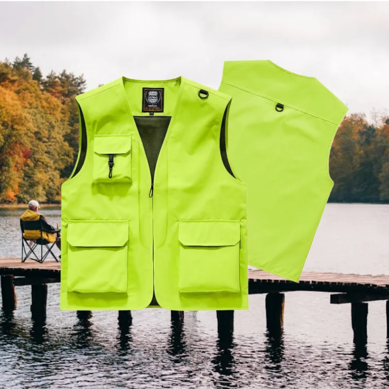 Men's Sleeveless Printed Logo Cargo Vest Multi-Pocket Thin Mesh Breathable Casual Photography Jacket Summer Outdoor Waistcoat