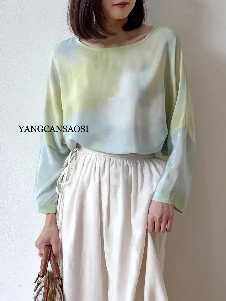 Ink Wash Blending 100% Natural Mulberry Silk Crepe De Chine Round Neck Printed Shoulder Down Loose Long Sleeved Casual T-shirt