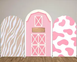 Mehofond Pink Barn Arched Wall Background Farm Filed Brown Milk Cow Baby Kids Birthday Round Top Cover Backdrops Photo Studio