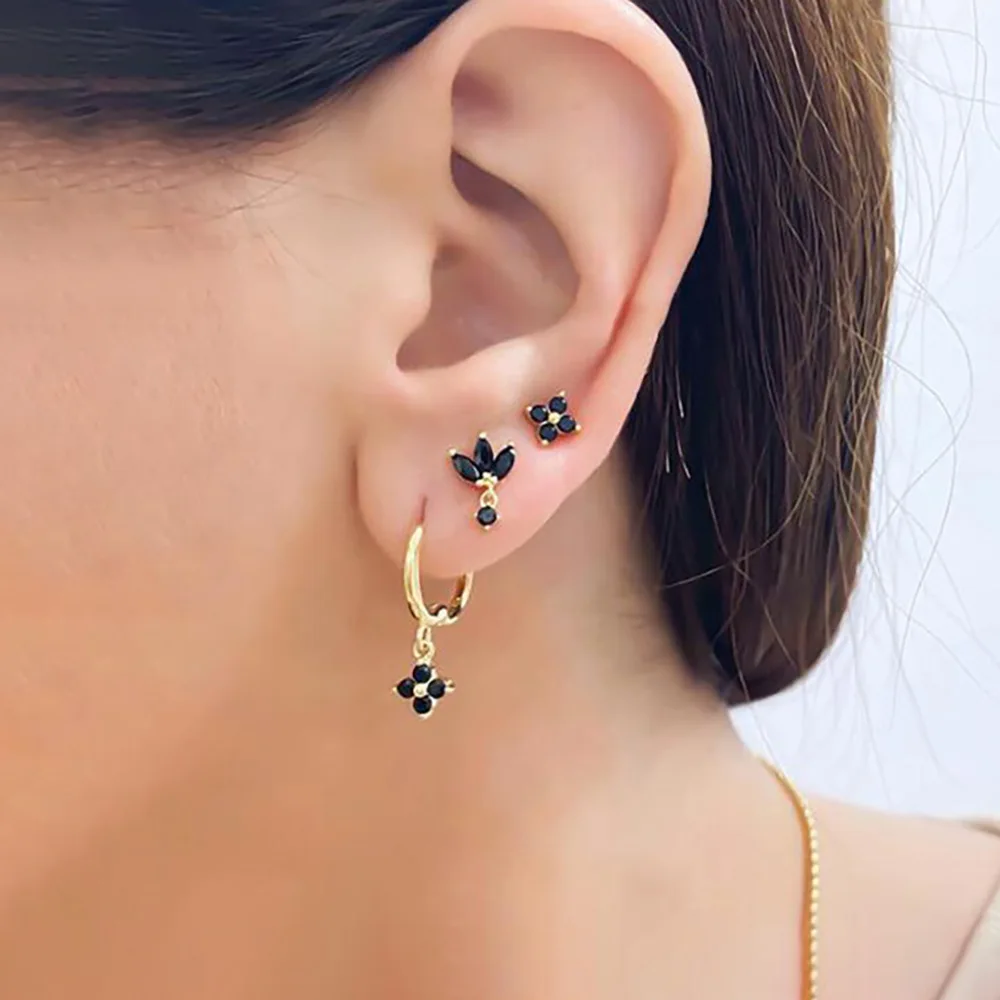 3 stücke Mode Schwarz Zirkon Blume Creolen Set für Frauen Einfache Edelstahl Anhänger Punk Stud Ohrringe Piercing Schmuck