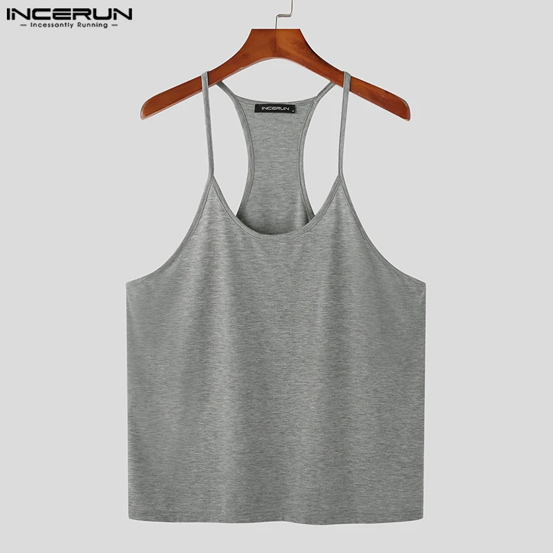 INCERUN Tops 2023 Korean Style Men Thin Belt Solid Casual Running Sport Waistcoat Handsome Male Racerback Sleeveless Vests S-5XL