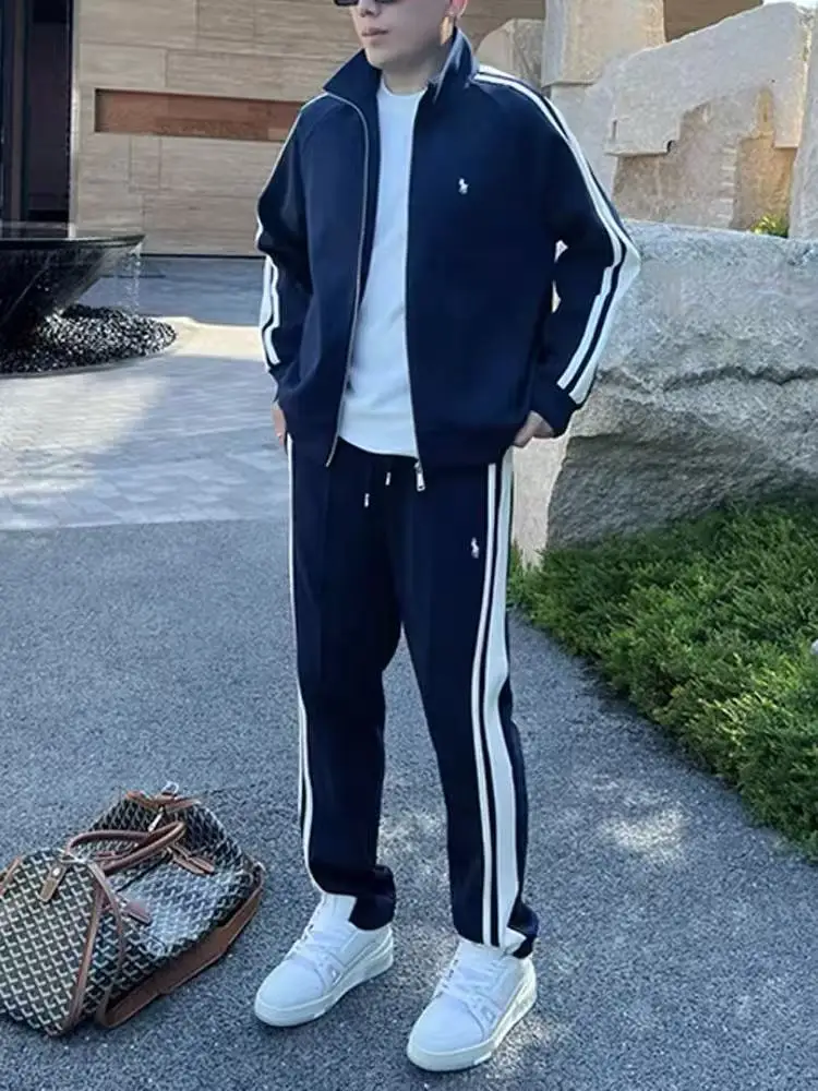 Stripe print sports suit for men, autumn trend versatile, youth hooligan handsome stand up collar jacket, straight leg pants set