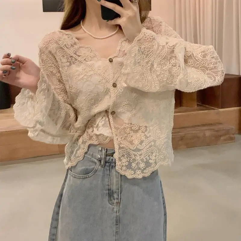 Lace Shirts and Blouses Korea Hollow Out Fashion Woman Blouse 2024 Short Sleeve Top Female V-neck Japan Style Sweet Clothes New