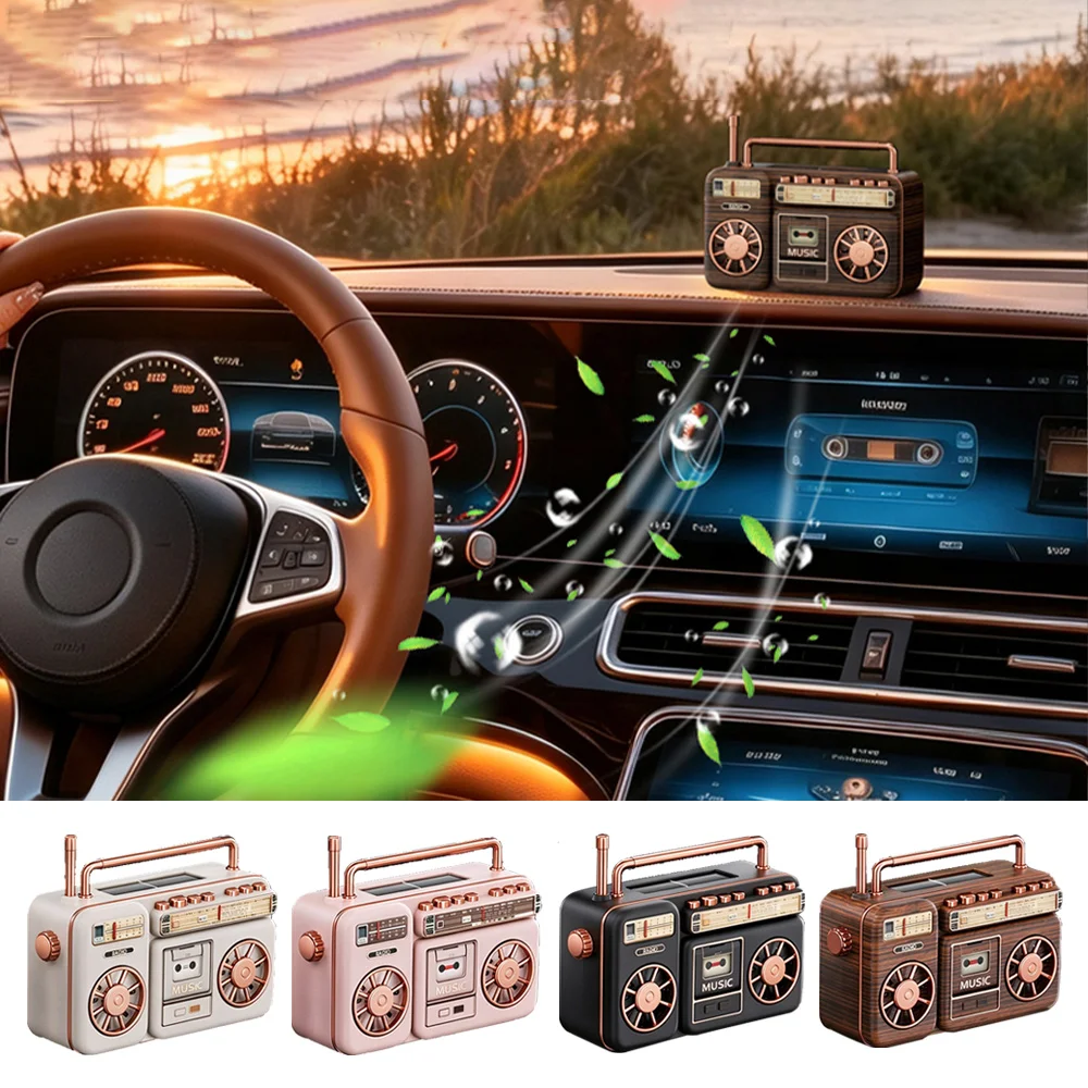 Retro Radio Car Air Freshener Solar Powered 2-in-1 Parking Number Plate Turbo Fragrance Diffuser Car Interior Decor Ornament