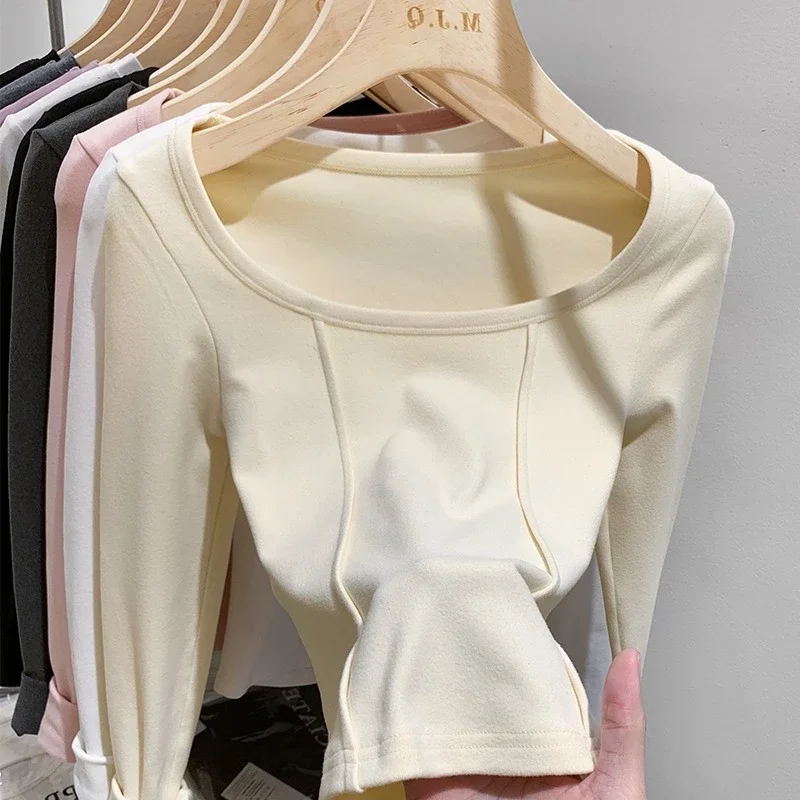 2026 Fall Winter Fleece Lined Thick Long‑Sleeve Women T‑shirt Ribbed Thermal Tops Fishbone Stitch Versatile Layering Base Tee