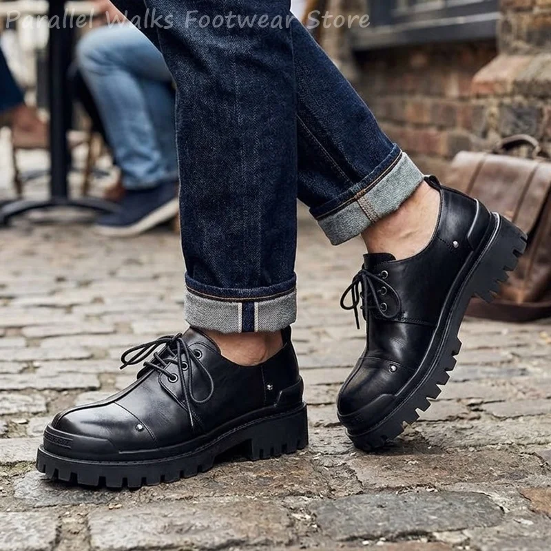 Mens Chunky Platform Derby Shoes Lug Sole Rivets Lace Up Punk Gothic Creeper Casual Oxfords Streetwear Vintage Flat Dress Shoes