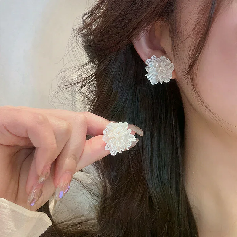 1Pair Mori Style Ice Crack Flower Ear Studs Trendy Niche Temperament Elegant Fashion Earrings For Women Girl Sweet Cute Jewelry